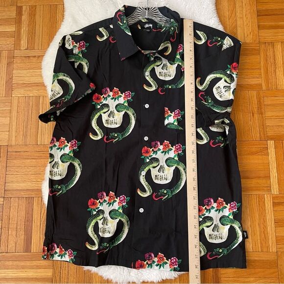 STÜSSY Shirt Button Down Shirt Skull Pattern in Black size large - Picture 7 of 9